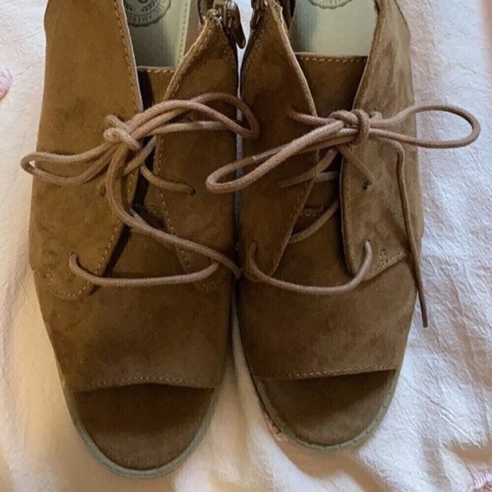 Brown suede peep toe wedge heels